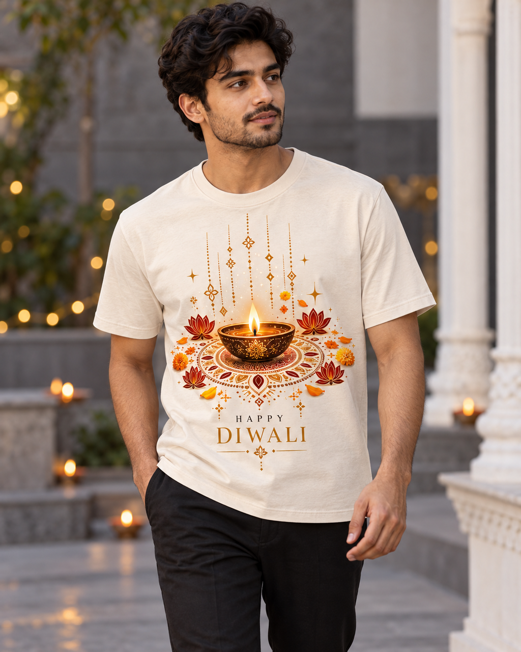 Traditions in Bloom – Beige Diwali T-Shirt