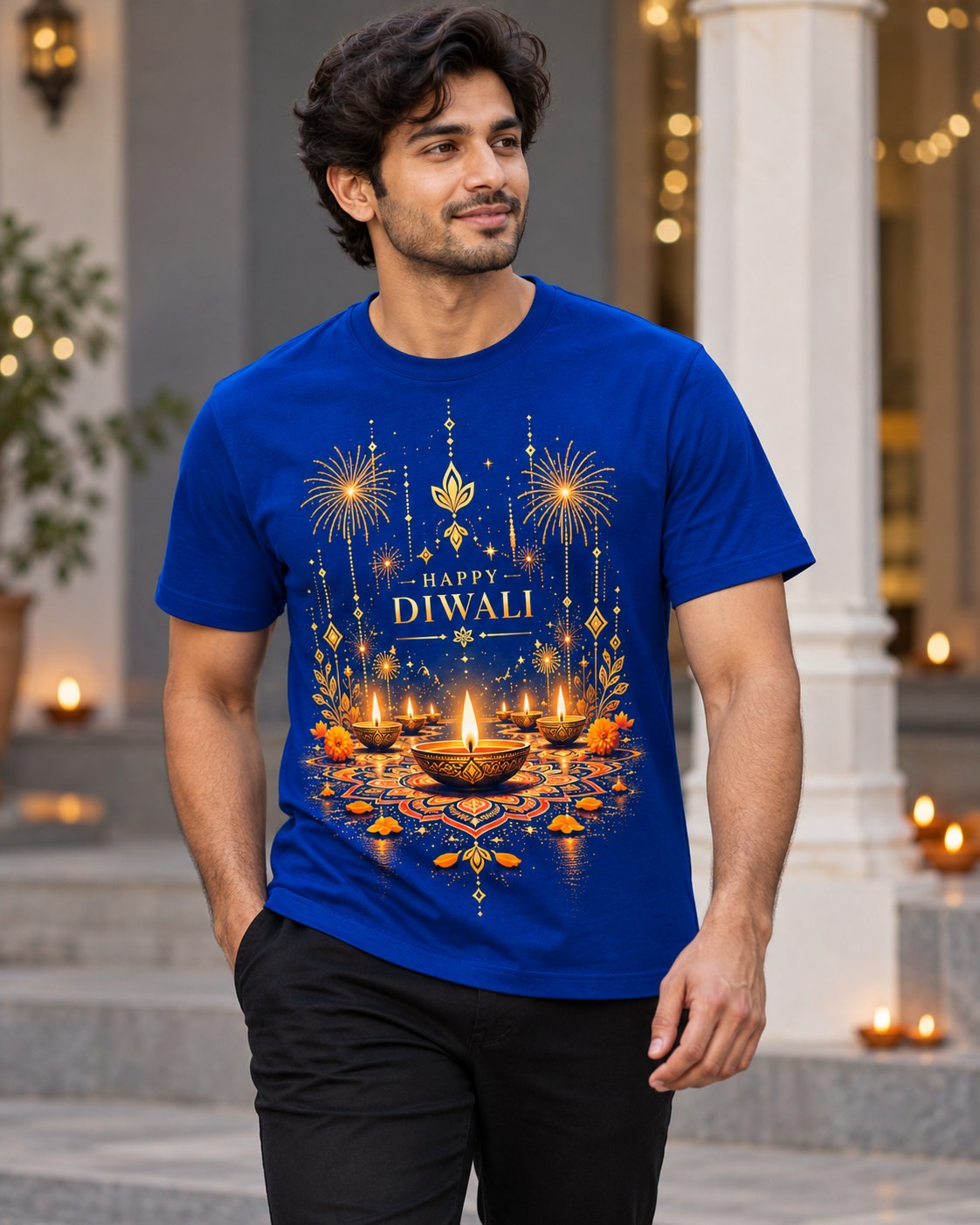 Lights & Celebrations – Royal Blue Diwali T-Shirt