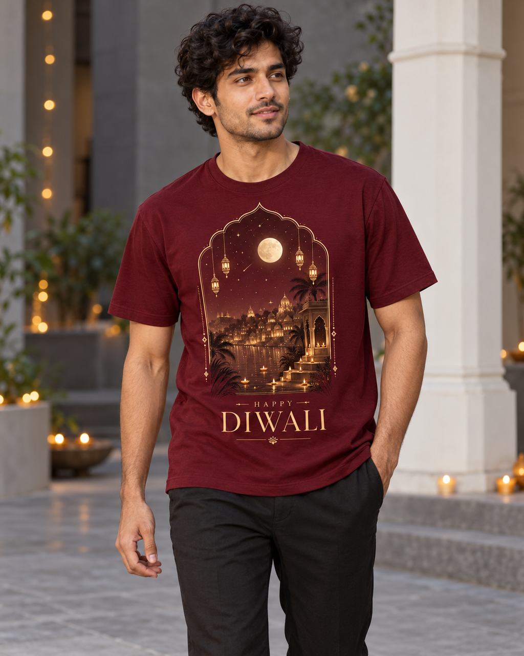 An Evening of Lights – Maroon Diwali T-Shirt