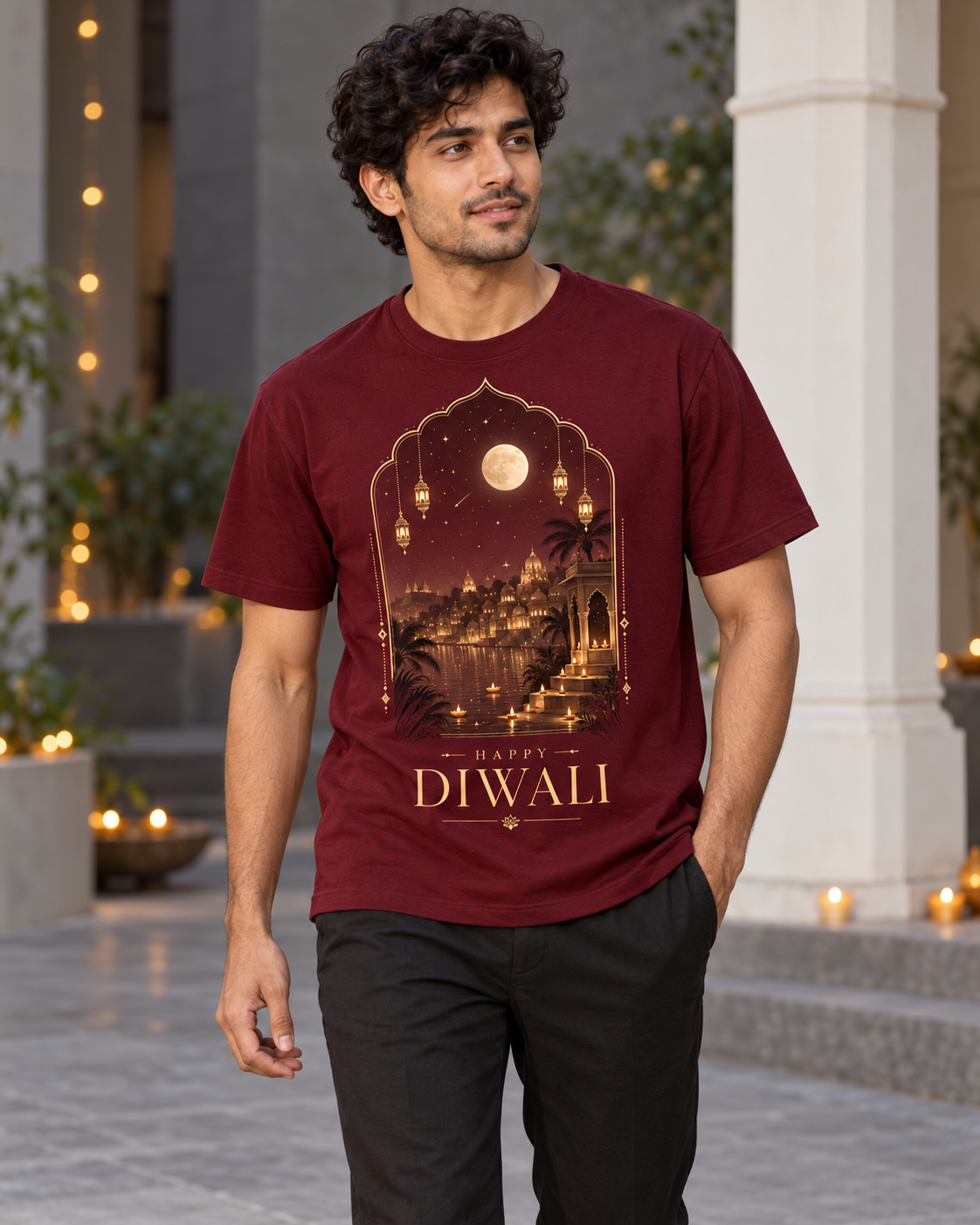 An Evening of Lights – Maroon Diwali T-Shirt